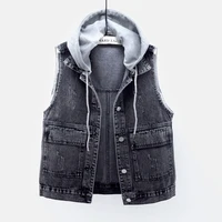 korean removable hooded denim vest women black waistcoat loose short sleeveless jacket coat big pocket frayed jeans vest female