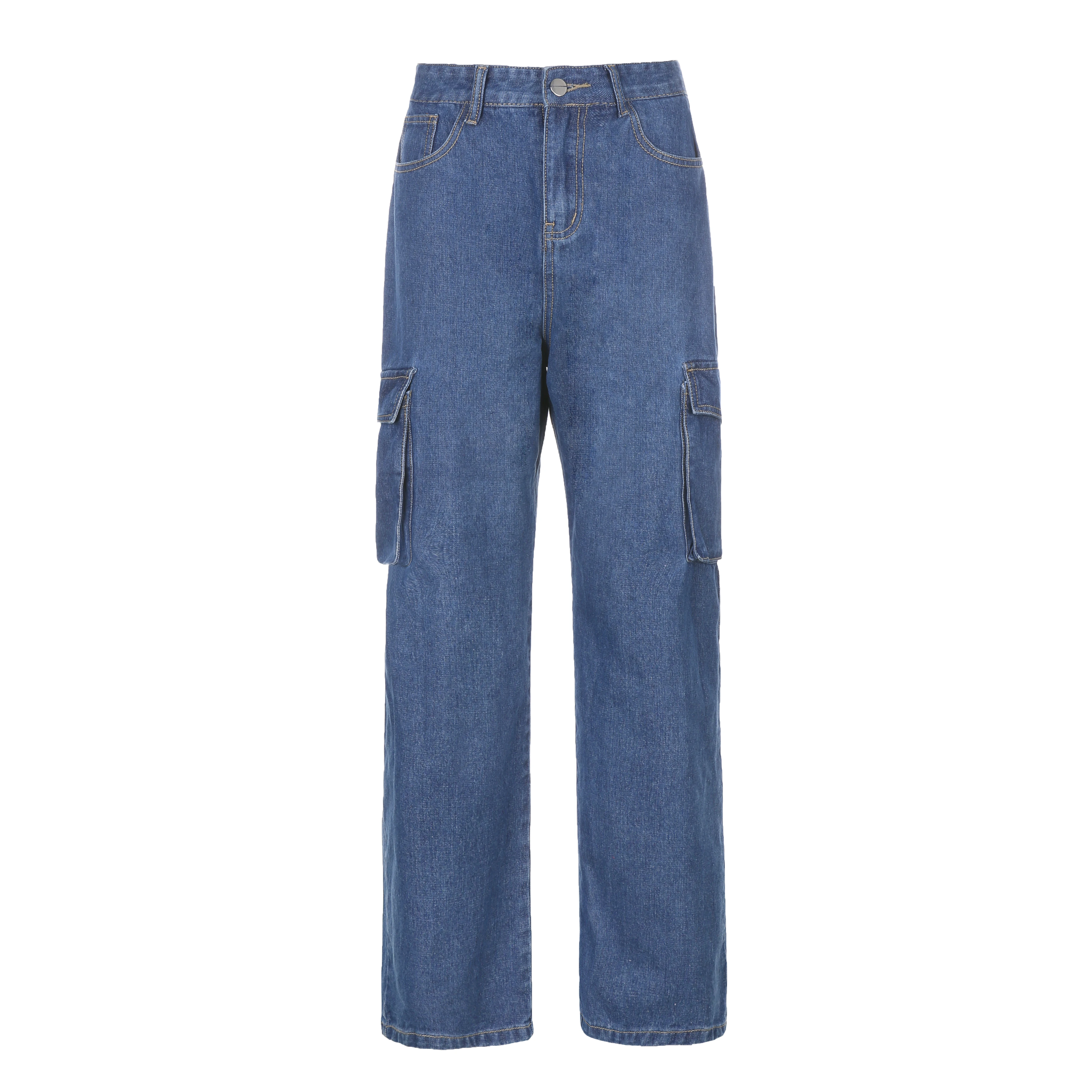 

Weekeep Pocket Patchwork Fashion Streetwear Jeans Women High Waisted Korean Straight Denim Pants 100% Cotton Loose Trousers Blue