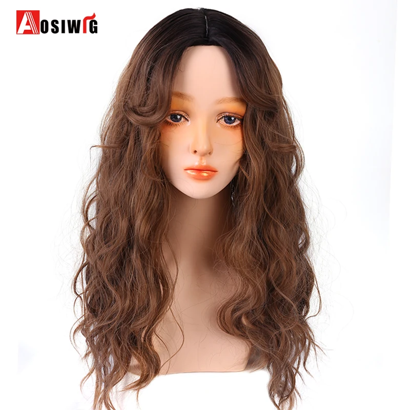 

AOSI Long Wavy With Bangs Ombre Color Middle Part Cosplay Lolita Wig Chocolate Brown Synthetic Wigs For Women Heat Resistant