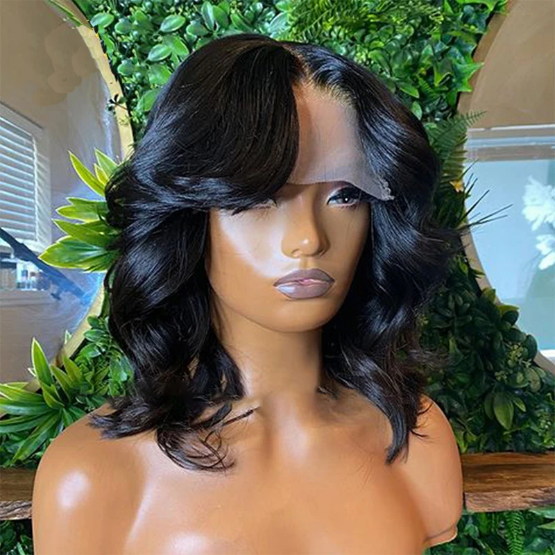 12Inch Short Bob Natural Wave Synthetic Lace Front Wig For Black Women With Baby Hair Heat Resistant Fiber Hair Wig 180%Density