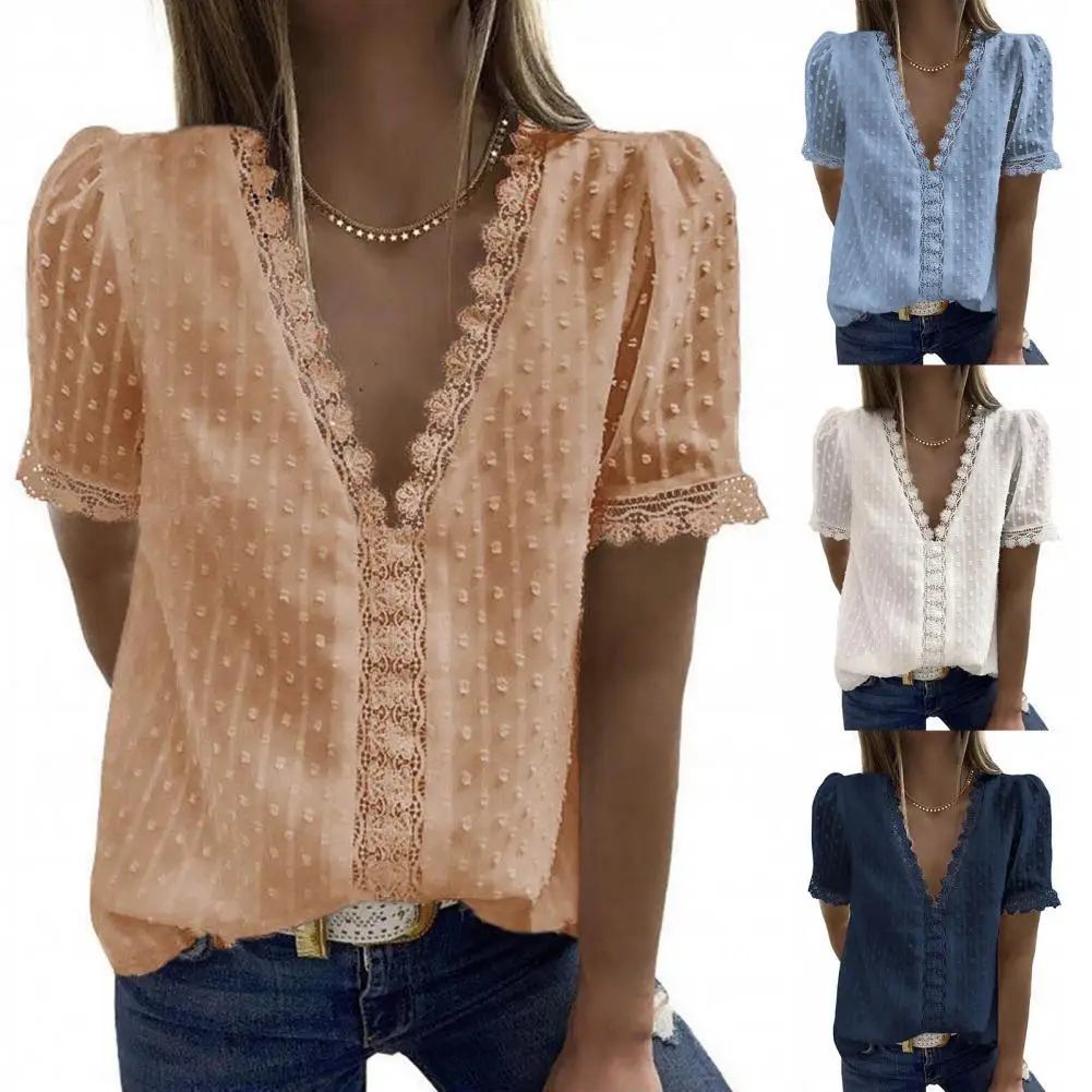

Short Sleeve Blouse Skin-friendly Easy to Wear Colorful All-matched Lace Tops for Home