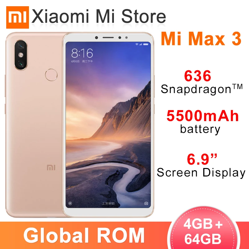 Глобальная ПЗУ Xiaomi Mi Max 3 4GB 64 GB/6 GB 128G Snapdragon 636 Восьмиядерный 5500mAh 6 9 &quot2160x1080 экран
