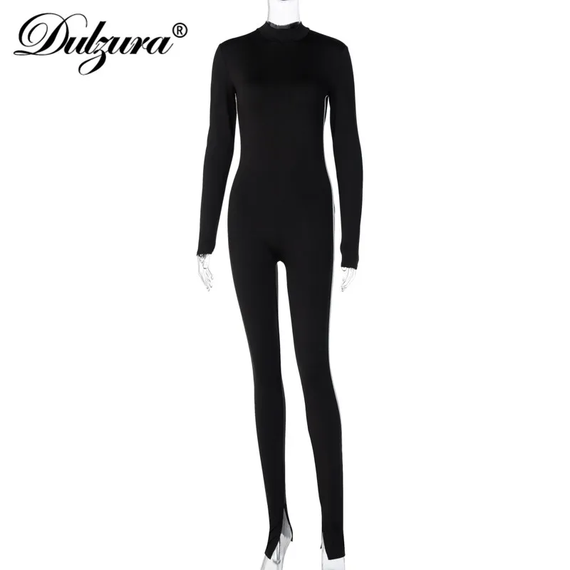 

Dulzura stripe slit women jumpsuit long sleeve zip bodycon sexy streetwear fitness sports casual rompers active wear workout