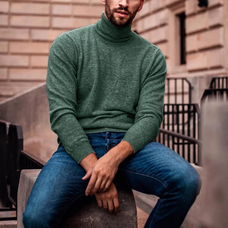 

Casual Long Sleeve Sweater For Men Jumper Autumn Winter Turtleneck Warm Tops Pullover Solid Fashion Simple Mens Elastic Sweater