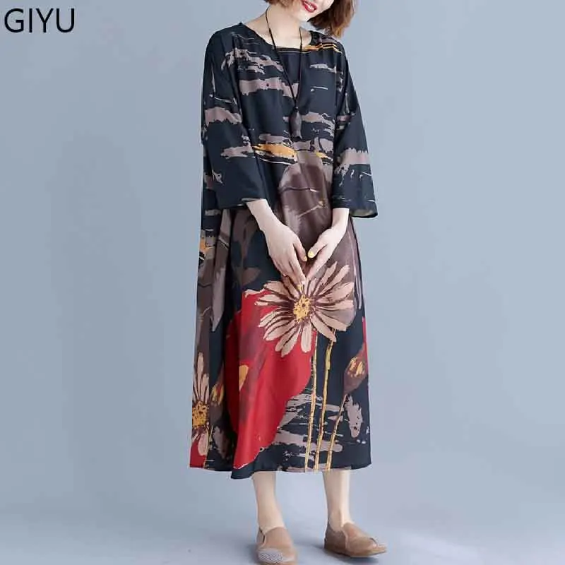 Большие размеры Boho для женщин осеннее платье винтажное искусство этническое