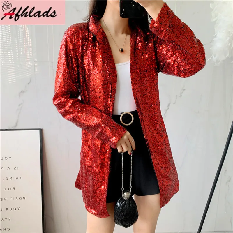 Spring 2021 New Design Notched Collar Jacket Fashion Women Coats Streetwear Sequined Solid Color Night Club Outerwear
