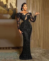 aso ebi arabic black evening dresses luxury mermaid prom dress lace beaded tassel sheer neck formal party gowns plus size ev202