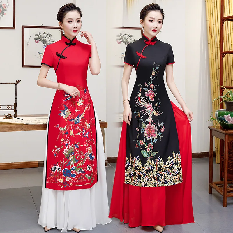 

Autunm New Short Sleeve Chinese Traditional Aodai Women Qipao Embroidery Novelty Mandarin Collar Lady Cheongsam Plus Size 5XL