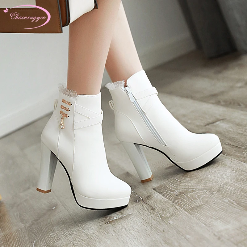 

Ботинки женские, на очень высоком каблуке, с круглым носком, на молнии, со стразами, черные, белые, розовые