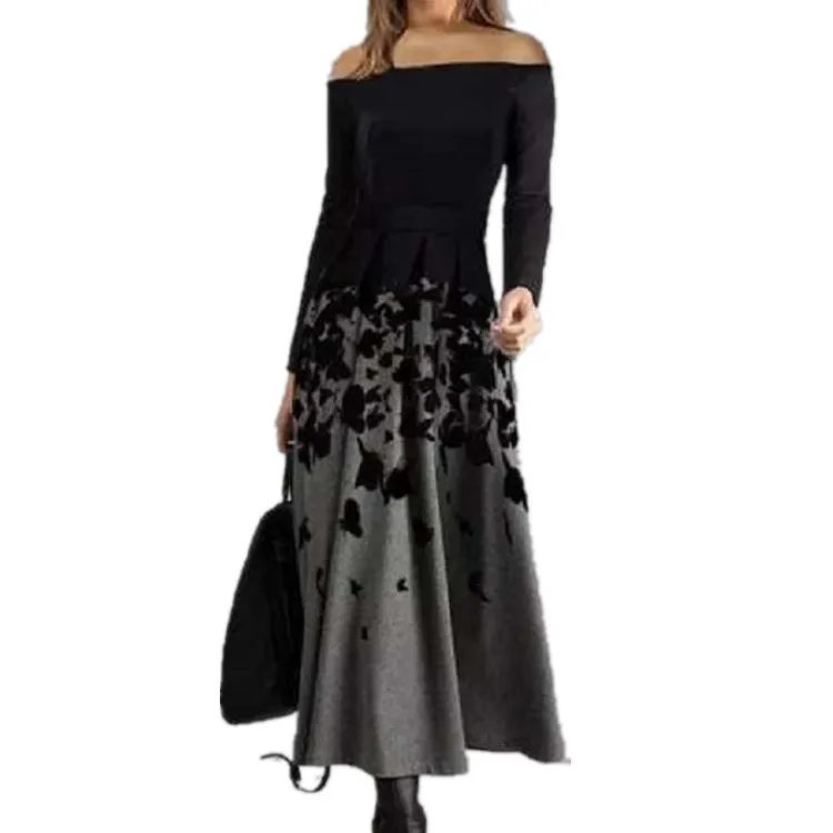 

Temperament women's chest wrapped sexy one line collar positioning printing swing dress