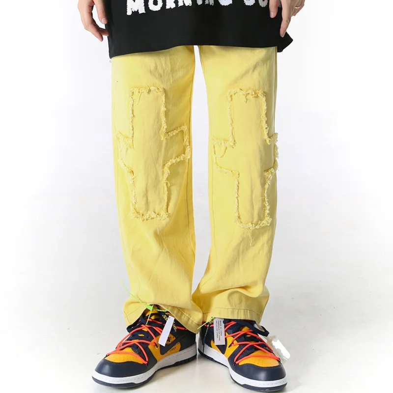 2020 Hip Baggy Pants Streetwear Men Loose Denim Black Vintage Patchwork Harajuku Joggers Trousers Cotton WO122 | Мужская одежда