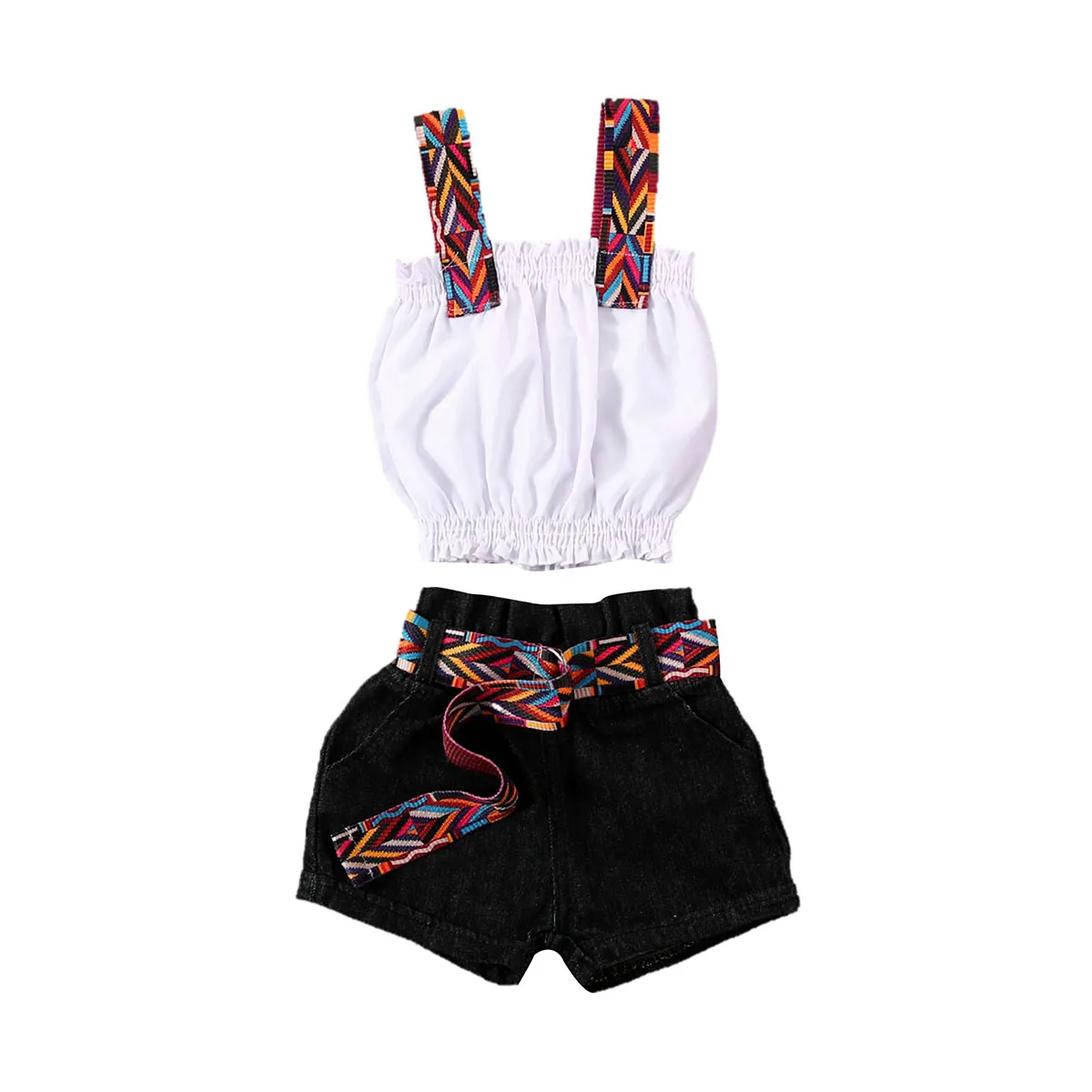 Фото Летняя одежда для маленьких девочек топы с оборками жилет + короткие брюки