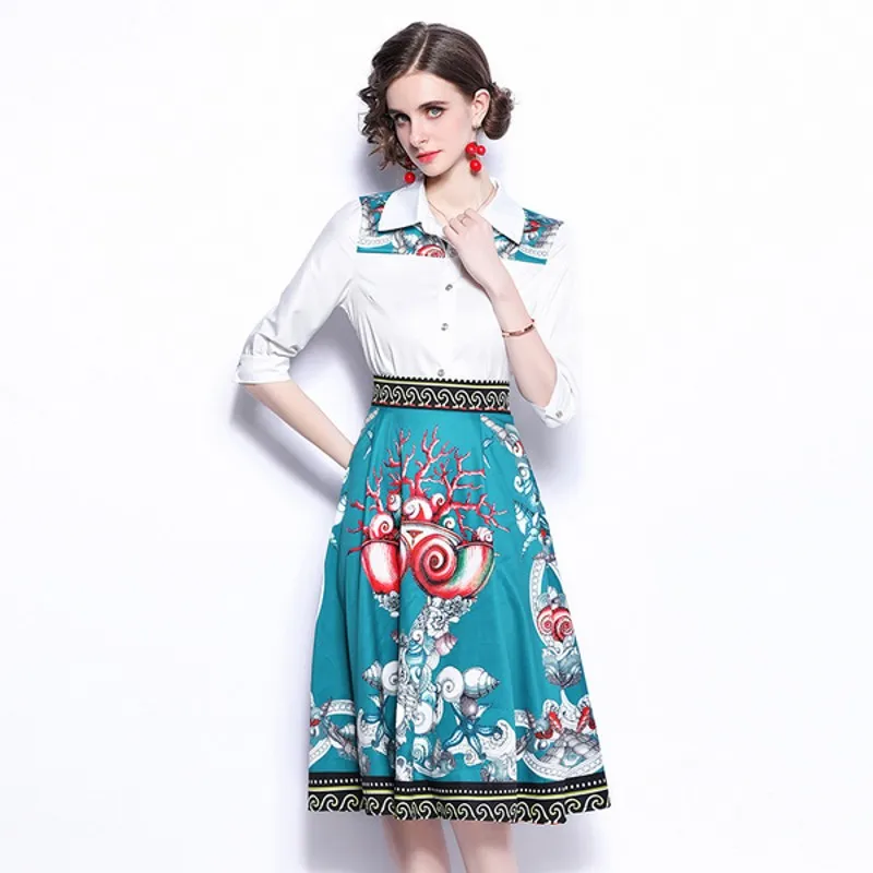 

2021 Summer Fashion Suits Women's Elegant Printed half sleeve Shirt tops + Printed Skirts 2 Pieces Sets