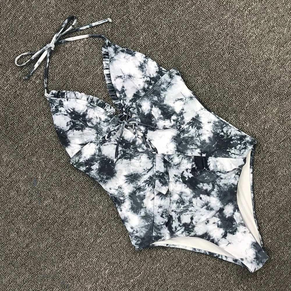 Женский слитный купальник с принтом бандажный завязками спереди купальный