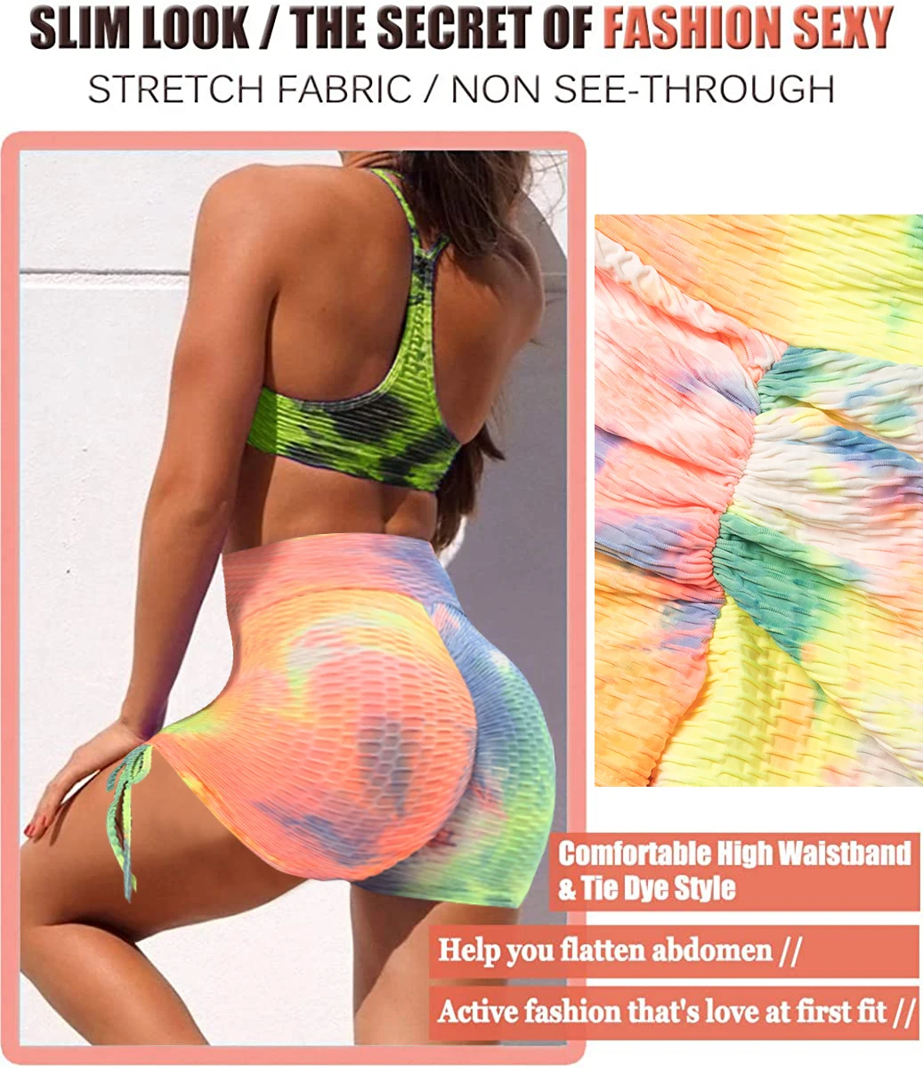 

KIWI RATA Tie Dye Workout Butt Lifting Yoga Shorts for Women High Waisted Tummy Control Leggings Textured Ruched Running Shorts