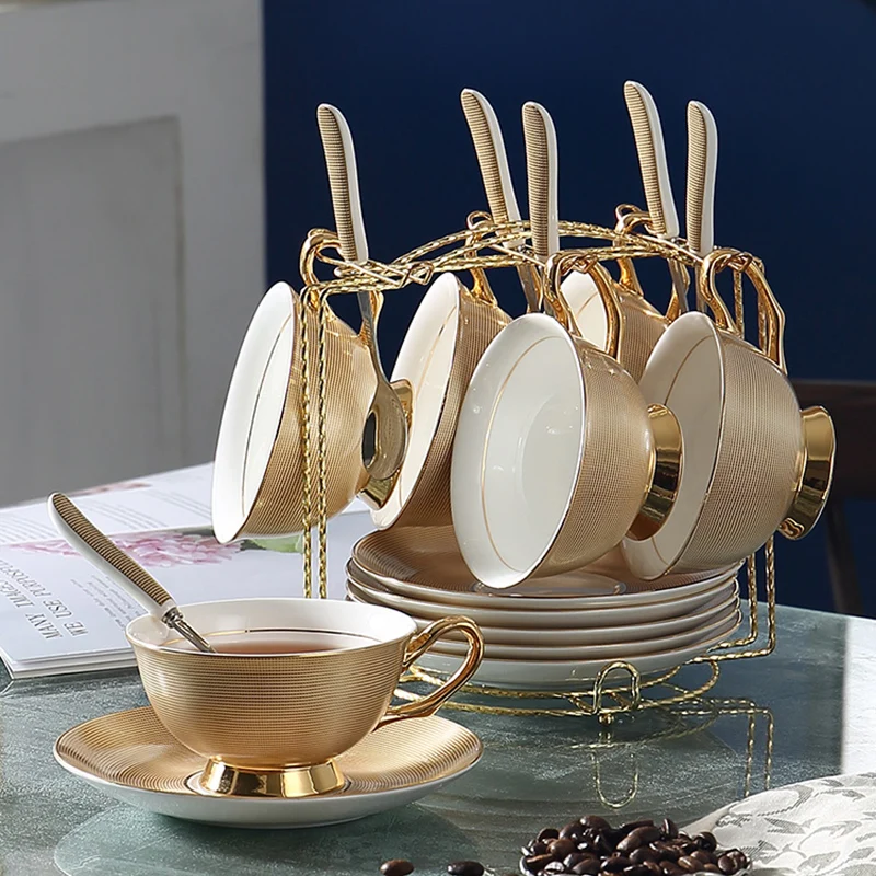 6pcs Art Luxury Bone China Coffee Cup and Saucer Set with Shelf Simple Home Golden Afternoon Tea Ceramic Mug 200ml Gift | Дом и сад