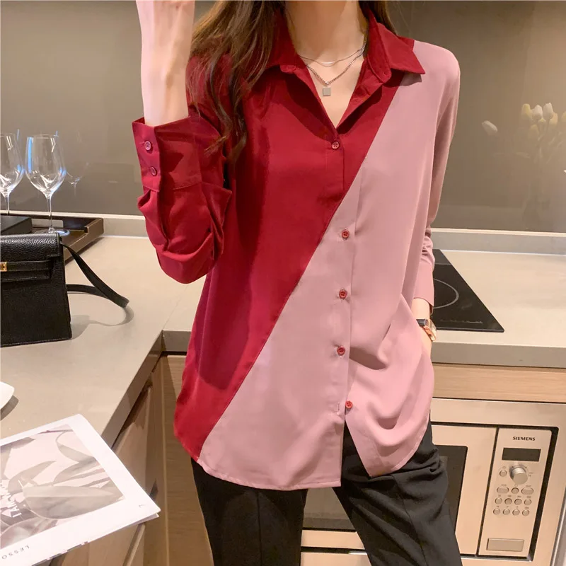 

Women Shirts 2021 Spring Autumn Long Sleeve Patchwork Loose Blouses Female Tops Korean Style Elegant Blusas Plus Size