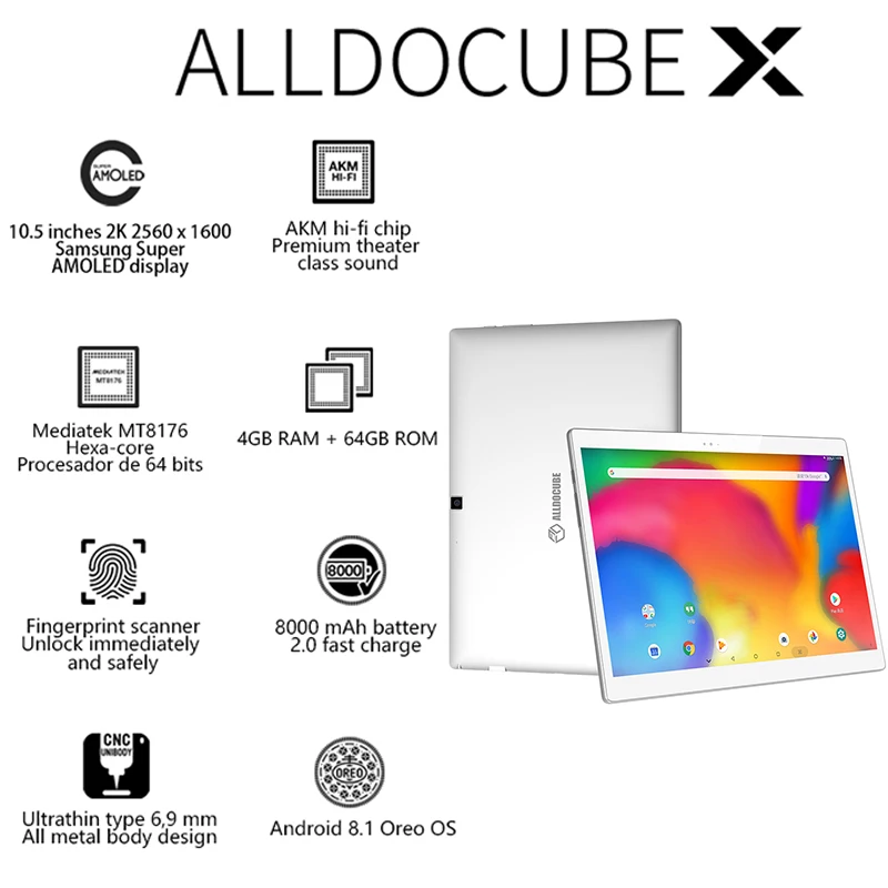 ALLDOCUBE X Super AMOLED экран 6,9 мм Ультратонкий корпус 10," 2 K 2560*1600 Android 8,1 4 Гб ram 64 ГБ rom планшетный ПК отпечаток пальца 8 МП