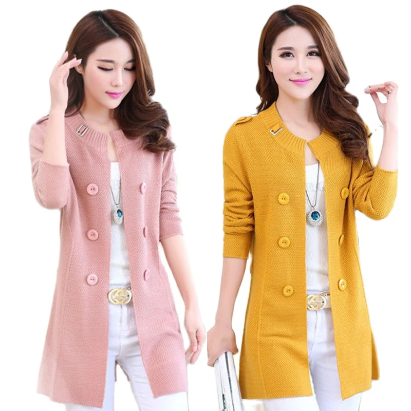 

Женский трикотажный кардиган, повседневный двубортный Теплый длинный кардиган с круглым вырезом, осень-весна