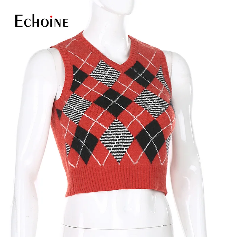 

Echoine Women Vintage argyle Sweater Vest Knitted Tank Tops V-Neck Casual Cute Sexy Cropped Streetwear Clothes Winter Fall Tops