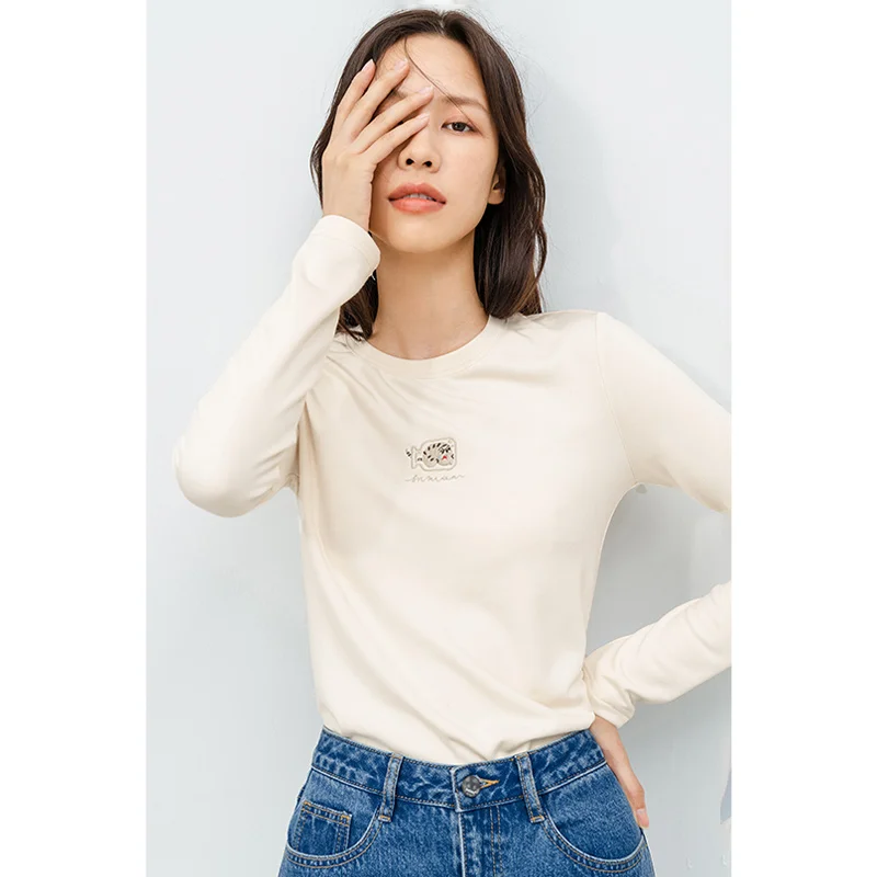 

INMAN Winter Embroidered Round Neck Long Sleeve Pure Color Bottom Top Women's T-shirt