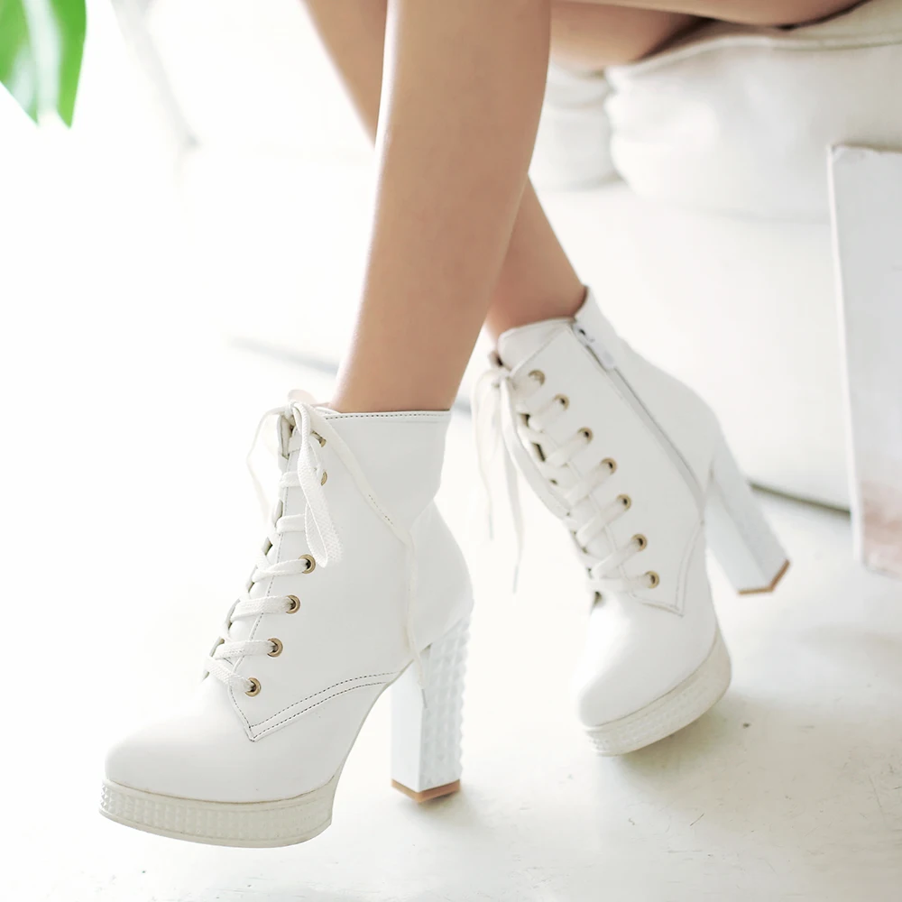 

Women Boots 2020 High Heel Leather Ankle Boots Round Toe Autumn Fashion Lady Shoes Lace up Casual Shoes Pumps Mujer Zapatos