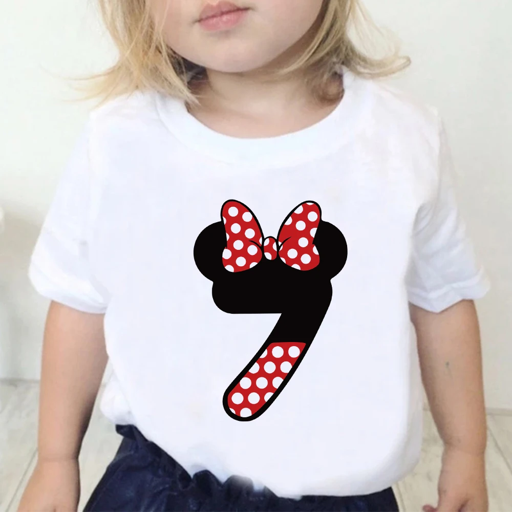 Disney Minnie Mouse Birthday Girl Clothes Party Cartoon T Shirt For Child T-Shirt Number 0 1 2 3 4 5 6 7 8 9 Bow Graphic Kid Tee