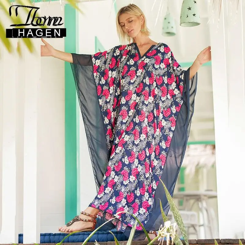 Женское длинное платье макси Tom Hagen синее пляжное с длинным рукавом и v образным