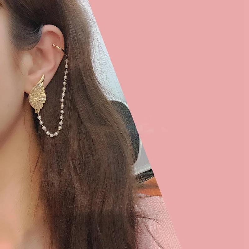 

MENGJIQIAO 2020 New Design Metal Wing 2 in1 Ear Clips For Women Elegan Pearl Tassel Fashion No Piercing Fake Cartilage Jewelry