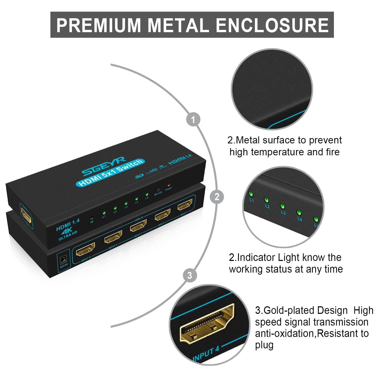 4K 5 Port HDMI Switch SGEYR 5x1 Switcher in 1 Out Selector Box with IR Remote Support 1.4 HDCP | Электроника