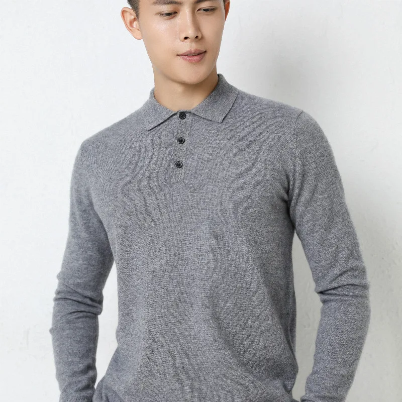 100% Pure Goat Cashmere Knitted Sweaters Man Turn Down Collar Top Grade Winter Warm Pullovers Male Standard Jumpers