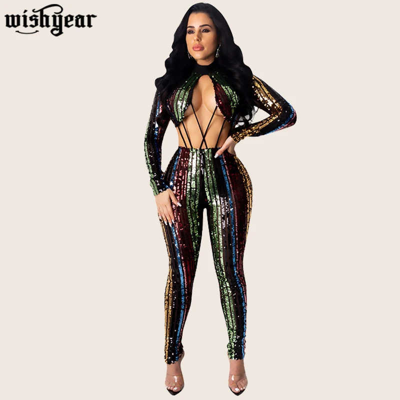 Весна Осень зима 2020 сексуальные комбинезоны с блестками длинным рукавом и