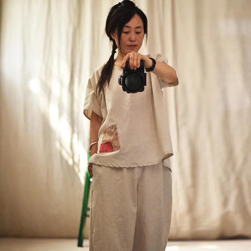 Женская футболка с V-образным вырезом винтажная свободная из хлопка и льна в