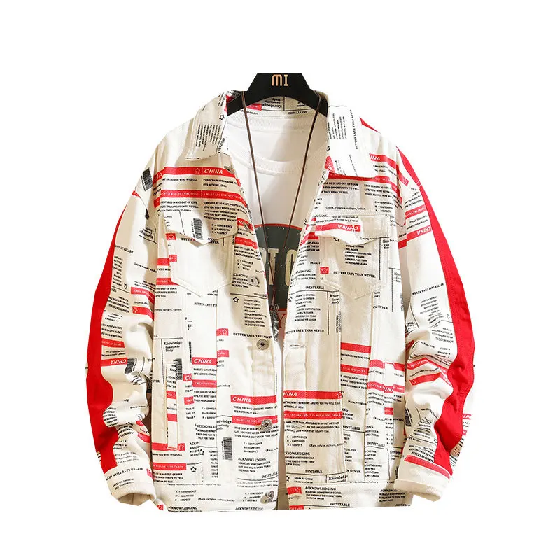 

Men Stylish Loose Denim Jacket Cowboy Letter Printed Bomber Outwear Jacket Coat Clothing Men's Jean Jacket Hip Hop Coat