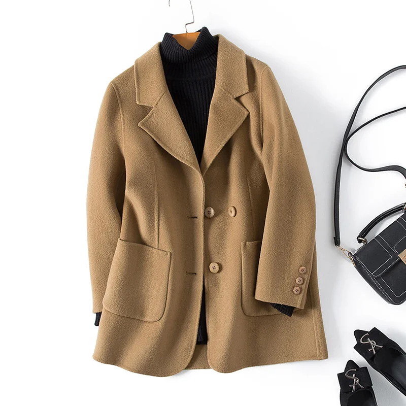 

Новинка 2021, женское двухстороннее шерстяное пальто средней длины, свободное маленькое шерстяное пальто