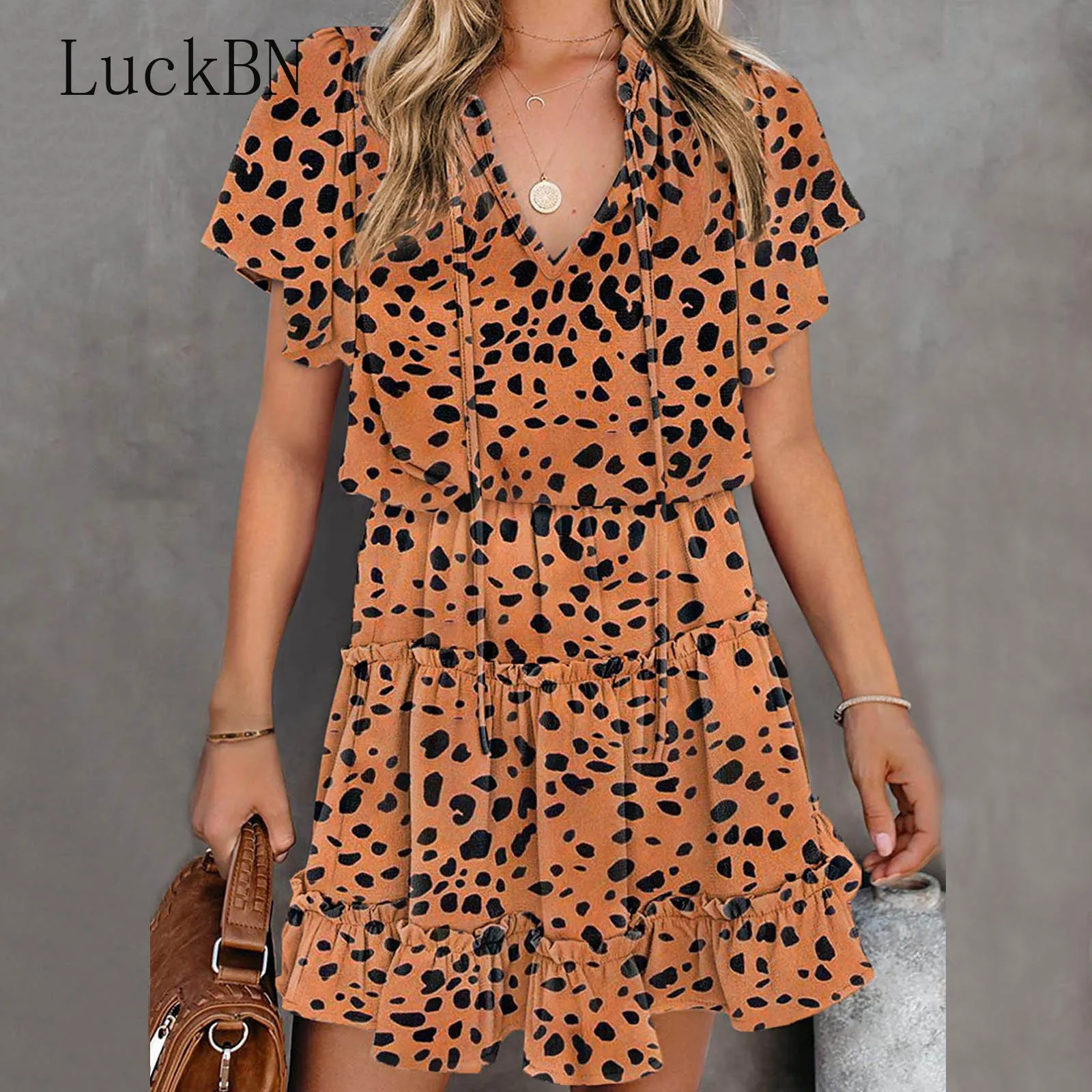 

2021 Elegant V Neck Floral Print Chiffon Dress Summer Short Sleeve Bandage Slim Lace Stitching Women Mini Dress Vestido De Mujer