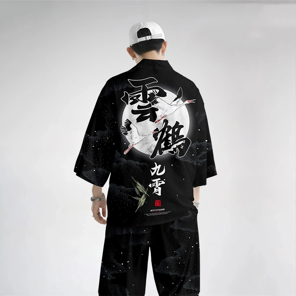 

Oversize 6XL Men Kimono Cardigan Trousers Suit Japanese Print Crane Yukata Robe Set Novelty Jacket Chinese Style Tang Suit