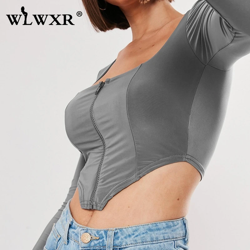 WLWXR Повседневная облегающая футболка женская укороченный топ с длинным рукавом
