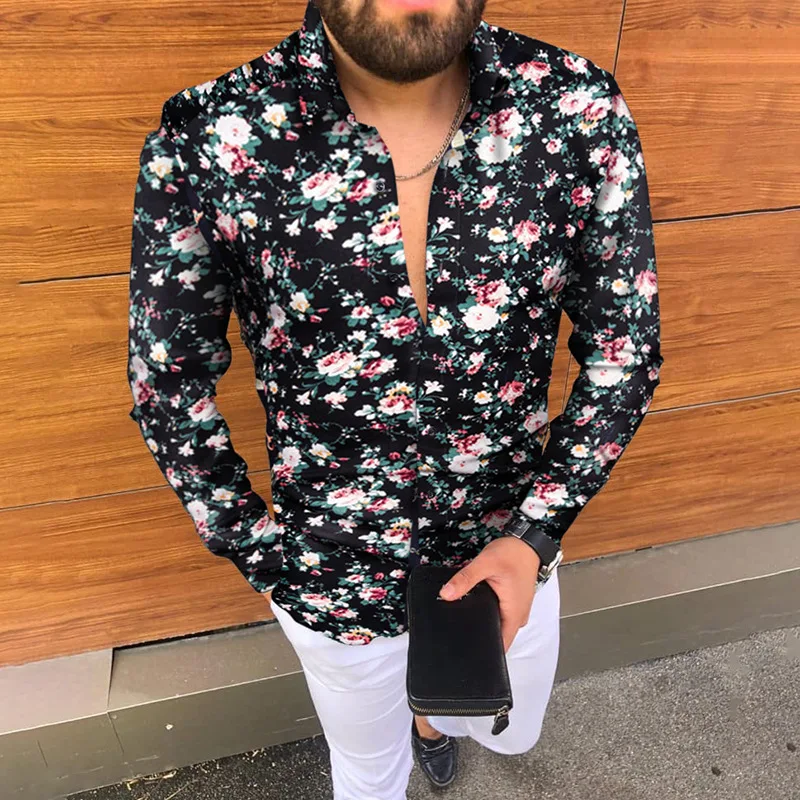

New Punk Style Men's Flower Digital Print Long Sleeve Jacket Single Breasted Lapel Casual Party Shirt Spring/Autumn Shirt M-3XL