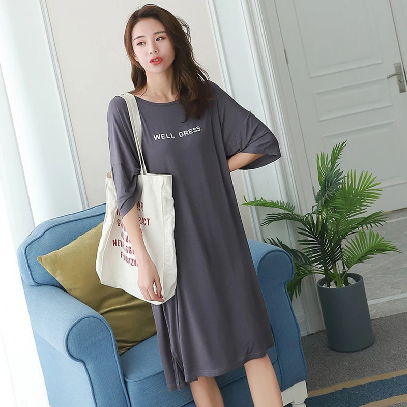 

Spring and summer new modal leaky shoulder dress Korean version loose large size bat sleeve long skirt fat mm home nightdress
