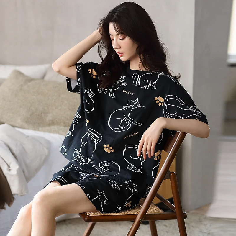 

Women Pajamas Sets Fashion Korean Black Cotton Short Sleeve Sleep Female Cute Cats Print Elastic Waist Loose Summer Home