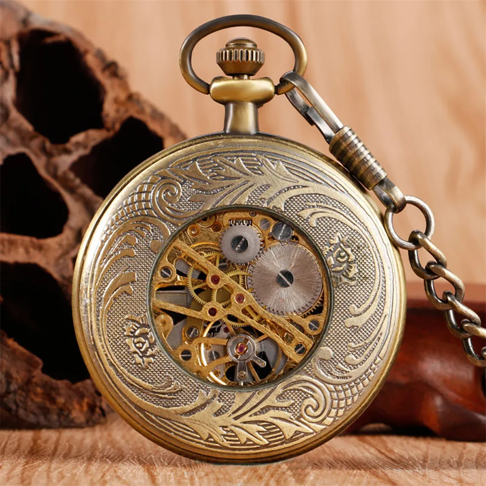 Hand Winding Mechanical Pocket Watch Exquisite Roman Numerals Dial Full Hunter Bronze Pattern Pendant Manual Pocket Clock Gifts