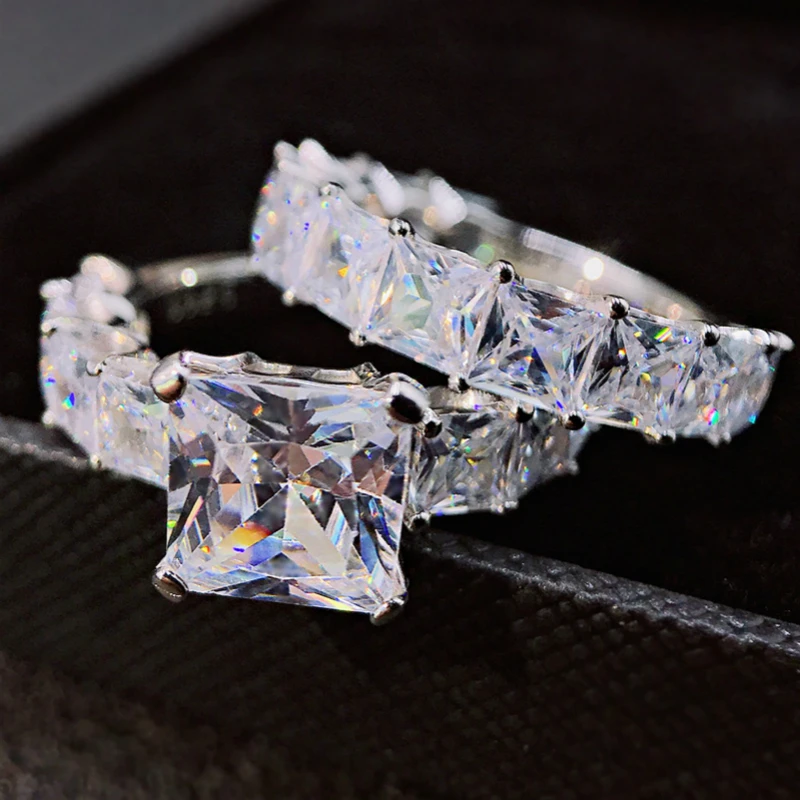 

Luxury Real 925 Sterling Silver Princess Cut Wedding Ring Set For Women Engagement Band Eternity Jewelry Zirconia