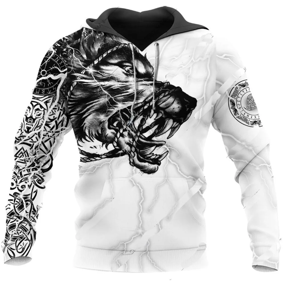 

Men Hooded Hoodies Cartoon Animal Comics Wolf Print Long Sleeve Straight Pullover Pocket Tops Autumn Winter New Fashion Casual