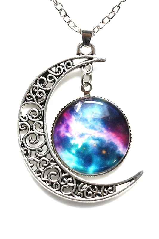 

Women Galactic Glass Cabochon Pendant Crescent Moon Necklace(Color numbers:2509)