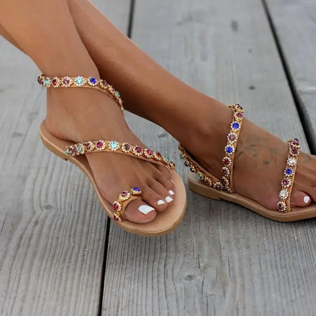 MoneRffi Summer Flats Sandals Sweet Boho Pearl Decoration 2020 Women Beach Sand Holiday Shoes Leather Plus Size 43 | Обувь