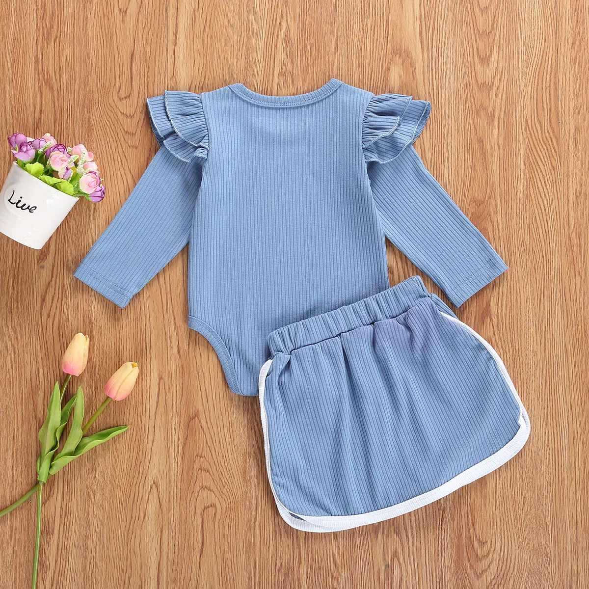 

Baby Girls Autumn Set O-Neck Ruffle Long-Sleeves Rompers Top + Elastic Waist Mini Skirt with Pockets for Toddler Girl 0-2 Years