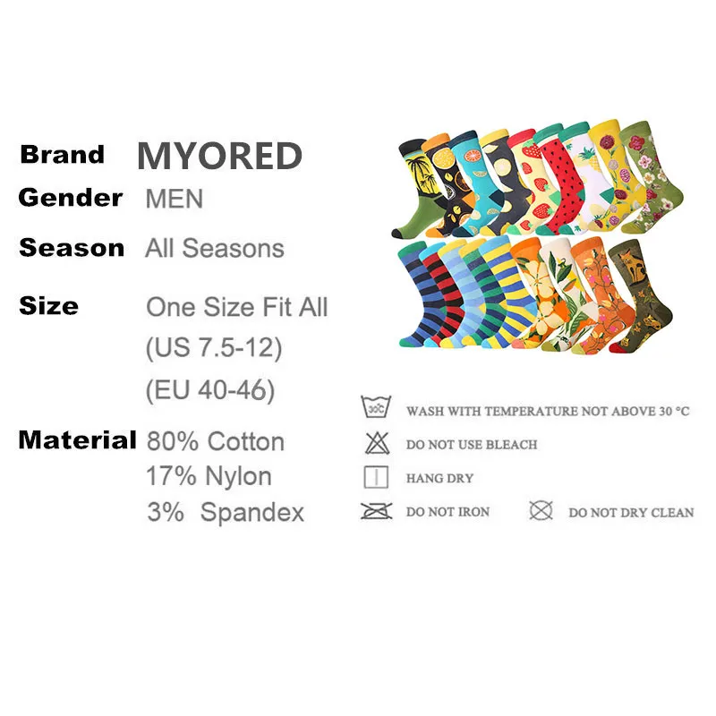 MYORED мужские уличные носки в полоску, женские, мужские, цветные, фруктовые, Мультяшные животные, чесаный хлопок, забавные носки в подарок на свадьбу