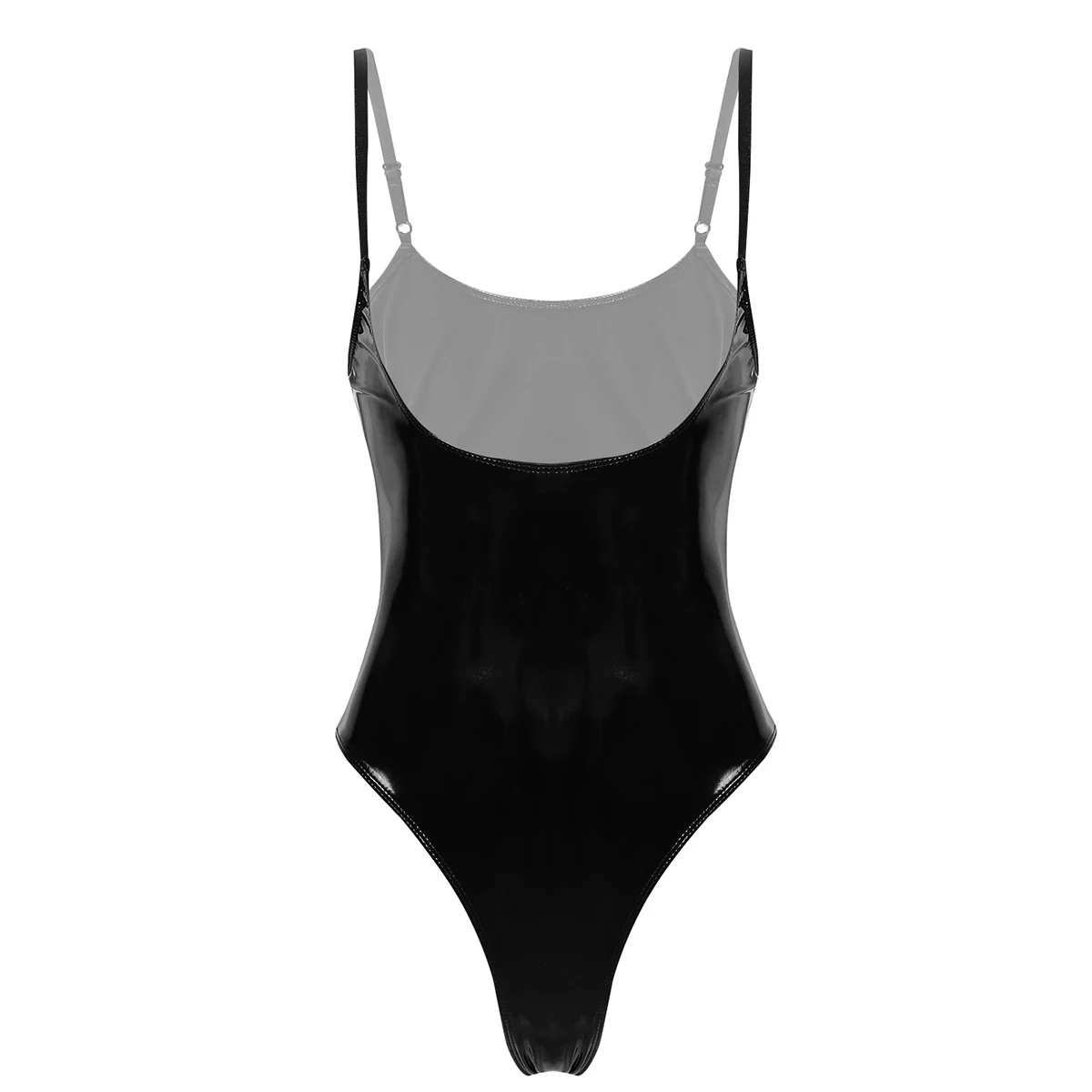 

Womens Open Breast High Cut Leotard Bodysuit Wet Look Patent Leather Lingerie Adjustable Spaghetti Shoulder Straps Nightwear