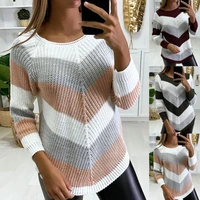 women sweater round neck striped casual knitted contrast colors elegant autumn sweater for daily wear
